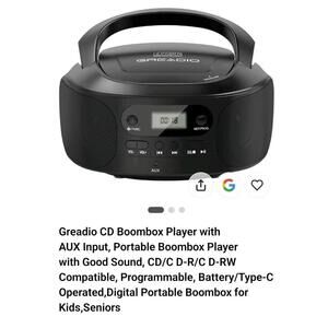 CD Boombox Player, AUX, Portable, CD-R/RW, Programmable, Battery/Type-C